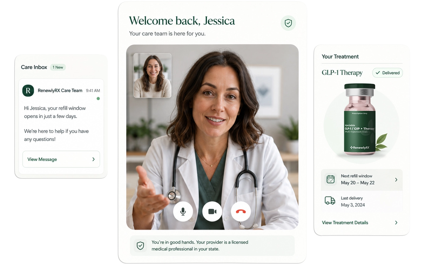 RenewlyRX care hub: secure messages, a video visit with a licensed provider, and your treatment plan with delivery updates.